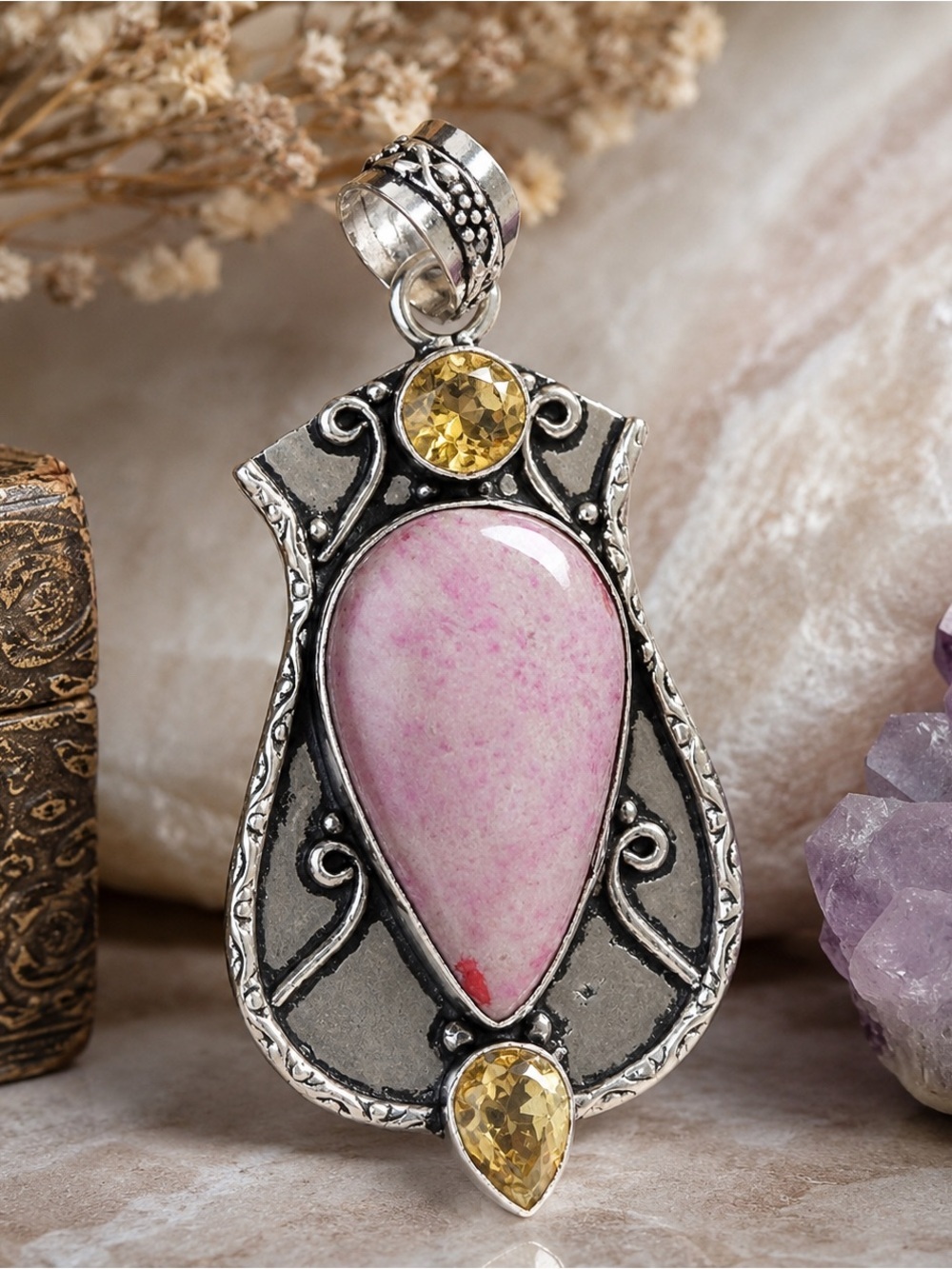 Artisan Pink Rhodonite Teardrop Stone Necklace with Yellow Citrine Accent